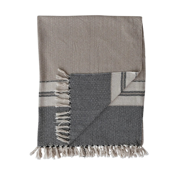 Beige, Grey, and Cream Stripe & Fringe Throw
