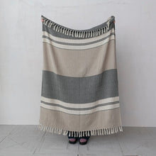 Load image into Gallery viewer, Beige, Grey, and Cream Stripe &amp; Fringe Throw