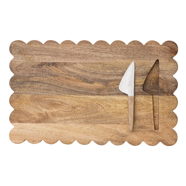 Mango Wood Scalloped Serving Board with Cheese Knife