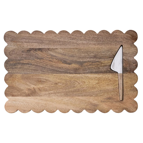 Mango Wood Scalloped Serving Board with Cheese Knife