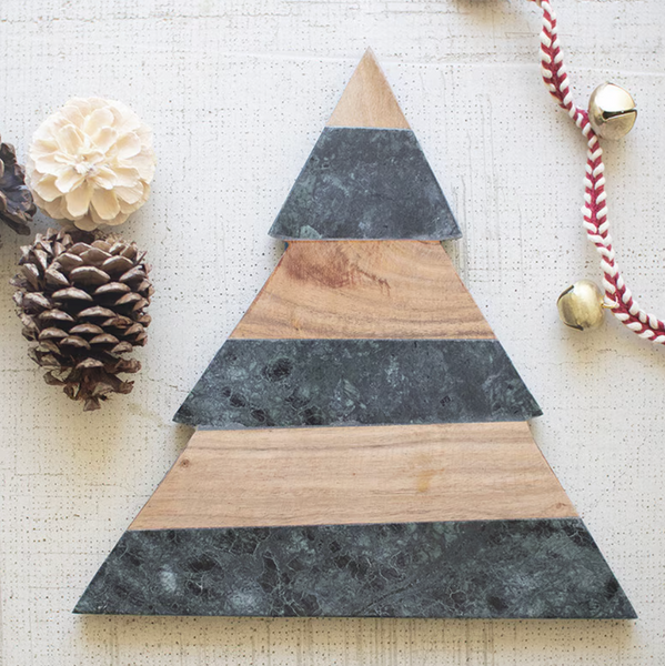 Green Marble and Acacia Wood Christmas Tree Cutting Board