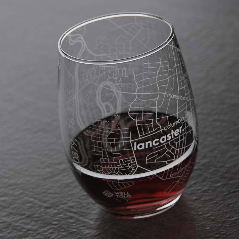 Lancaster Map Stemless Wine Glass